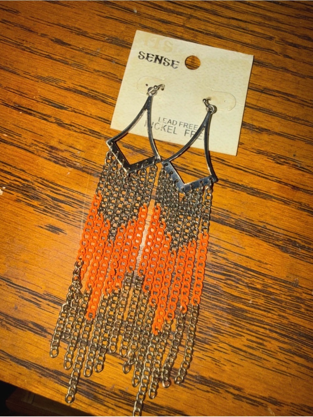 Spense Orange and Antique Gold Chain Fringe Earrings